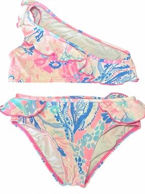 Girls' Size 4 Lilly Pulitzer Pink & Blue Ruffle Two-Piece Assymetrical Swim Suit